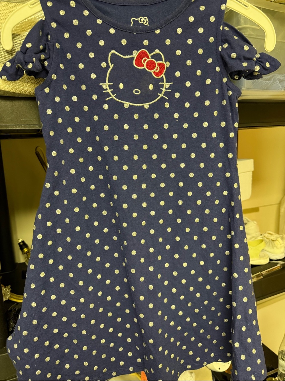 Hello Kitty Navy and White Polka Dot Dress with Red Bow Accent